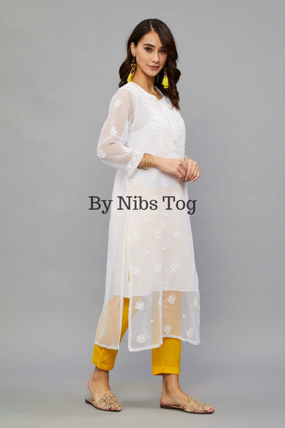 Women's White Chikankari Kurta Georgette with FREE matching Slip