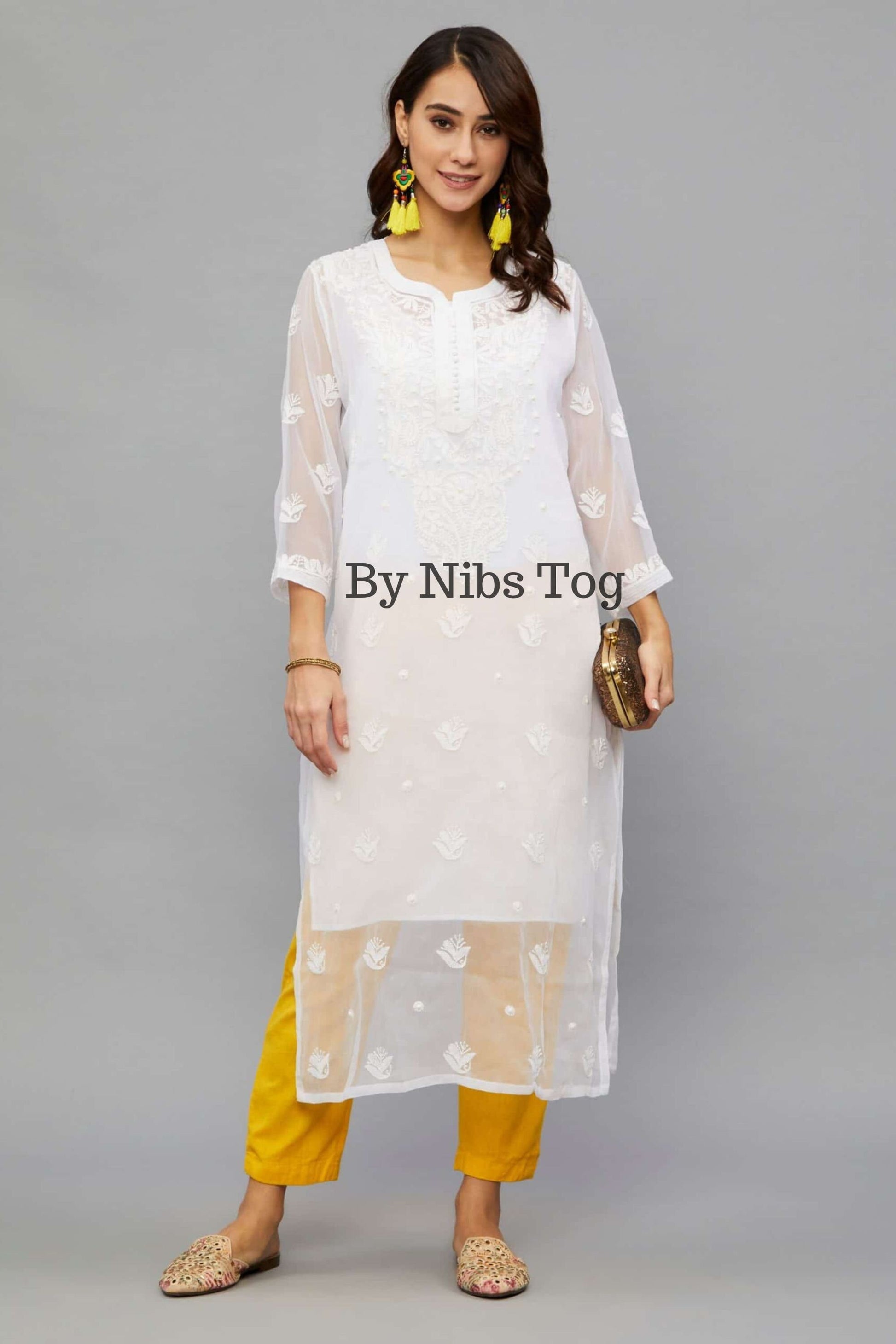 Buy Nibs Tog White Georgette Chikankari Kurta for Women With Free