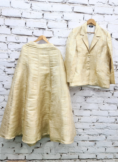 Ivory Gold Brocade Silk Blazer and Skirt Set
