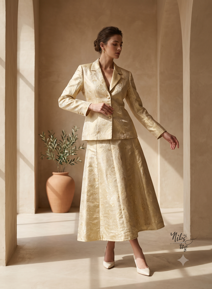 Ivory Gold Brocade Silk Blazer and Skirt Set