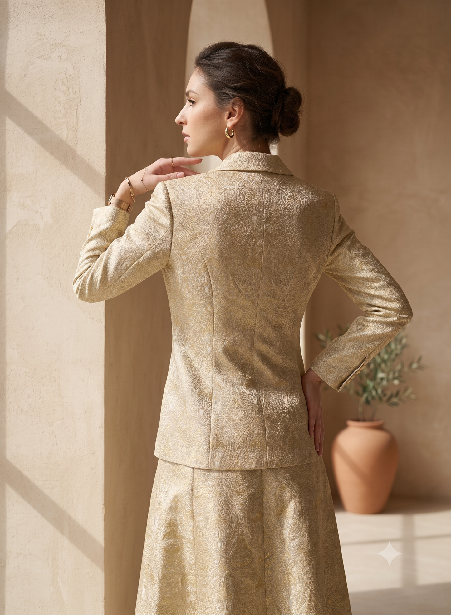 Ivory Gold Brocade Silk Blazer and Skirt Set