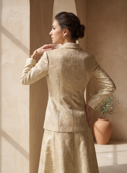 Ivory Gold Brocade Silk Blazer and Skirt Set