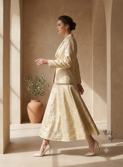 Ivory Gold Brocade Silk Blazer and Skirt Set