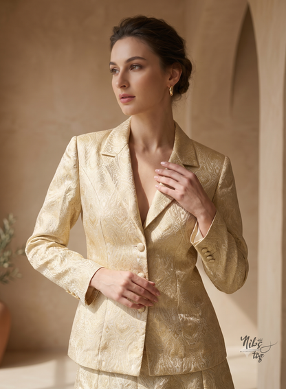 Ivory Gold Brocade Silk Blazer and Skirt Set