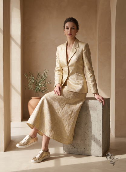 Ivory Gold Brocade Silk Blazer and Skirt Set