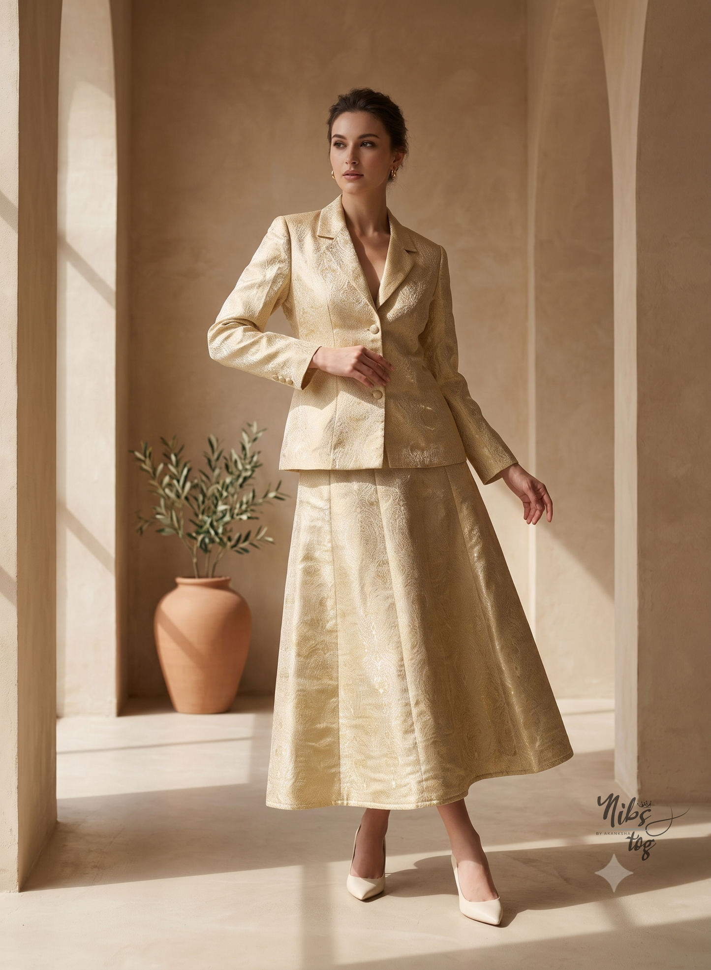 Ivory Gold Brocade Silk Blazer and Skirt Set