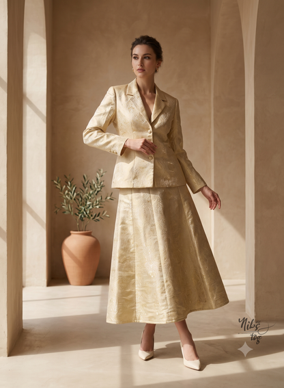 Ivory Gold Brocade Silk Blazer and Skirt Set
