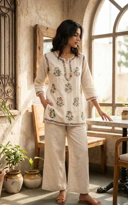 Ivory Chikankari Linen Co-ord Set