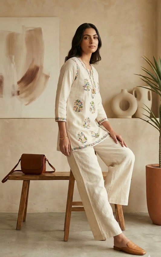 Ivory Chikankari Linen Co-ord Set