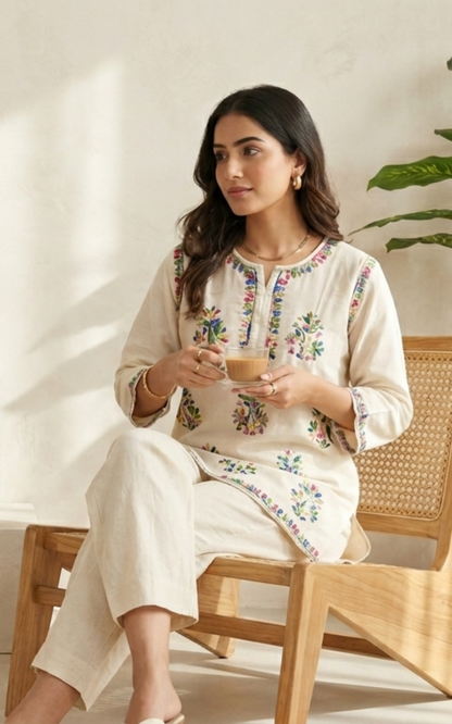 Ivory Chikankari Linen Co-ord Set