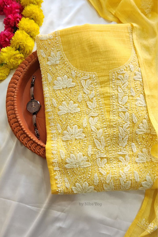 Meher Kota Cotton Chikankari Unstitched Fabric Yellow