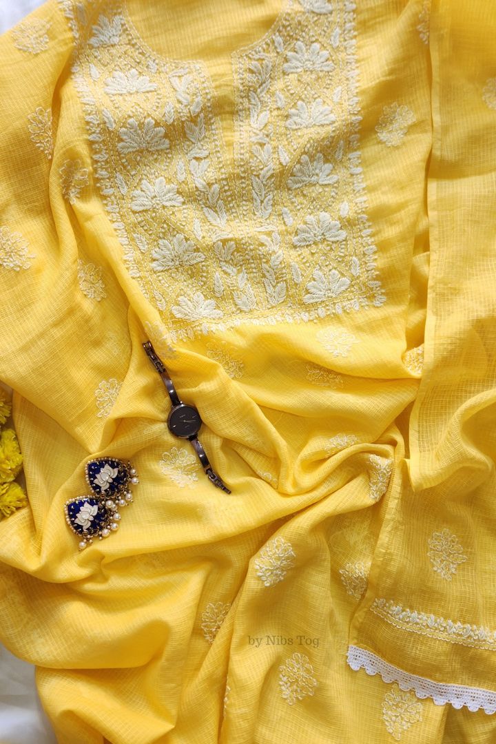 Meher Kota Cotton Chikankari Unstitched Fabric Yellow