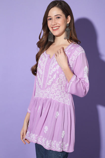 Gul Lilac Chikankari Short Kurta Rayon Cotton