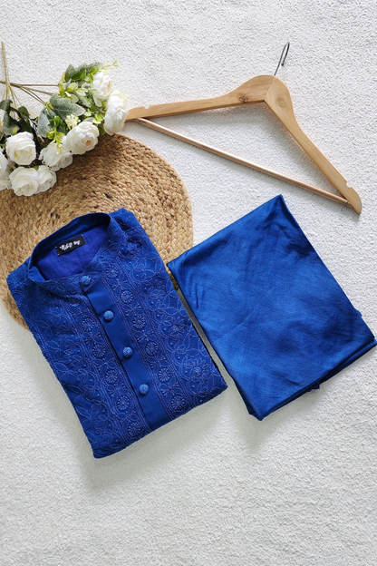Blue Mens Chikankari Kurta with churidar Pure Viscose Georgette
