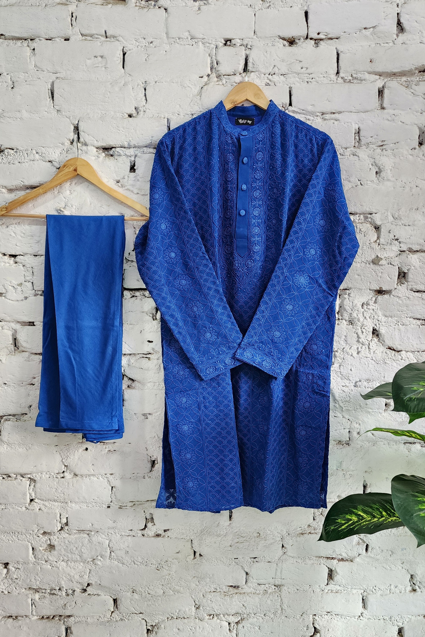 Blue Mens Chikankari Kurta with churidar Pure Viscose Georgette