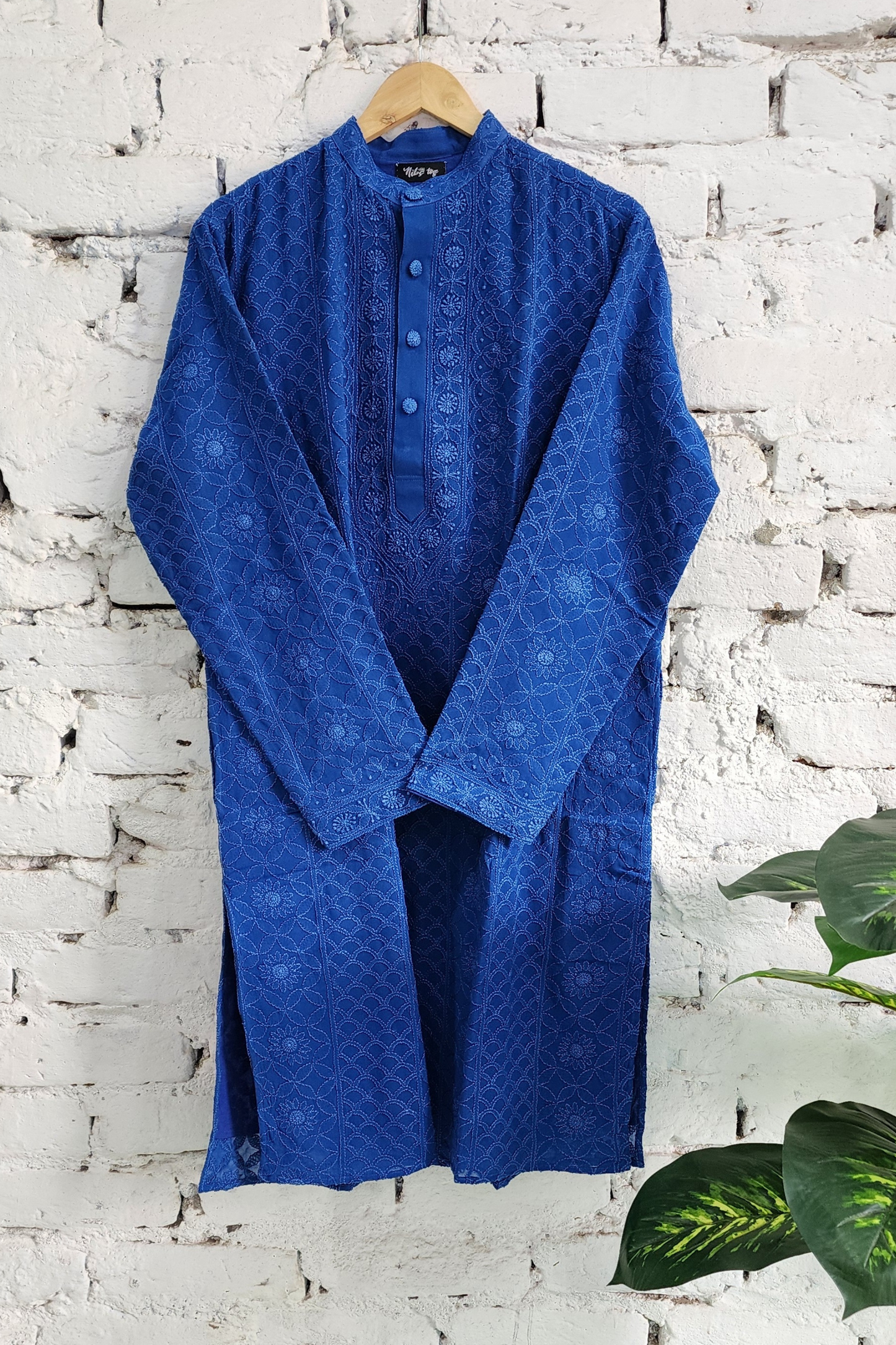 Blue Mens Chikankari Kurta with churidar Pure Viscose Georgette