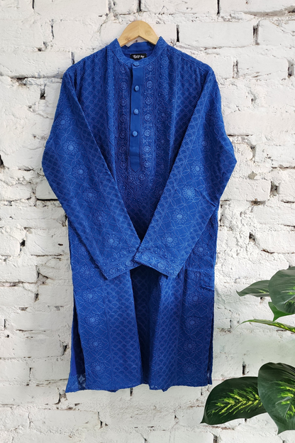 Blue Mens Chikankari Kurta with churidar Pure Viscose Georgette