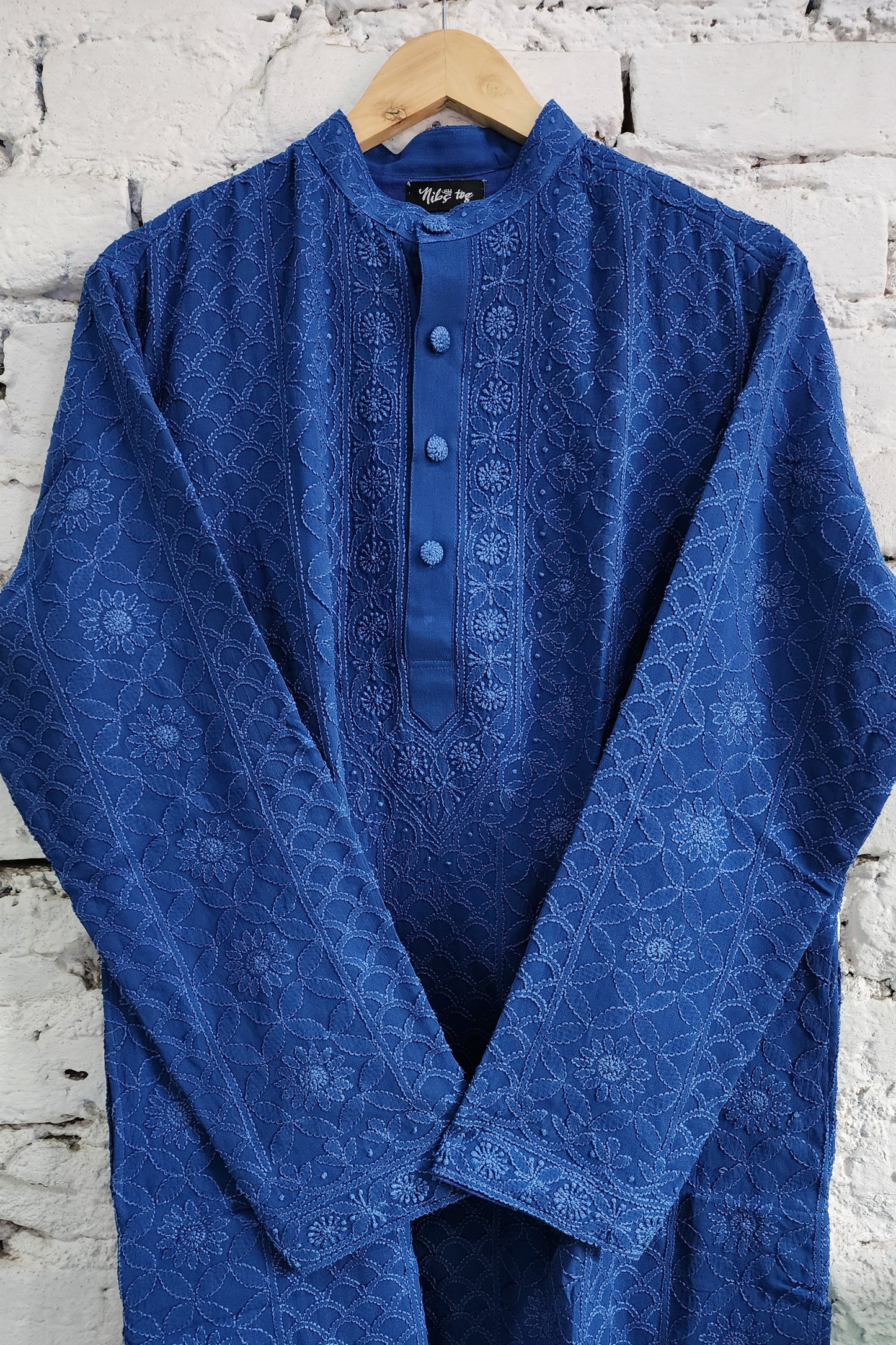 Blue Mens Chikankari Kurta with churidar Pure Viscose Georgette