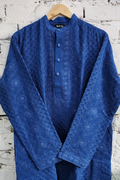 Blue Mens Chikankari Kurta with churidar Pure Viscose Georgette