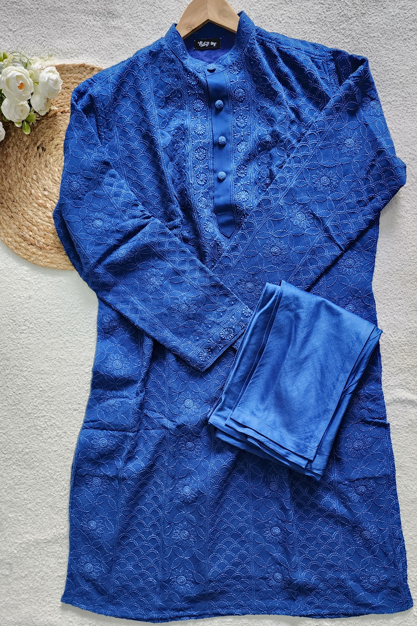 Blue Mens Chikankari Kurta with churidar Pure Viscose Georgette