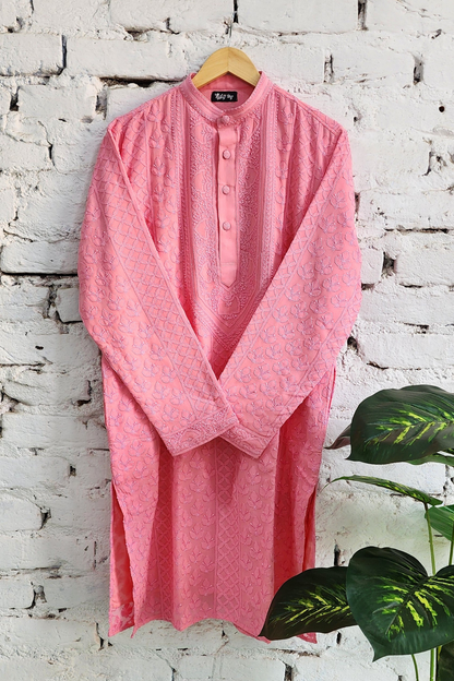 Pink Mens Chikankari Kurta with churidar Pure Viscose Georgette