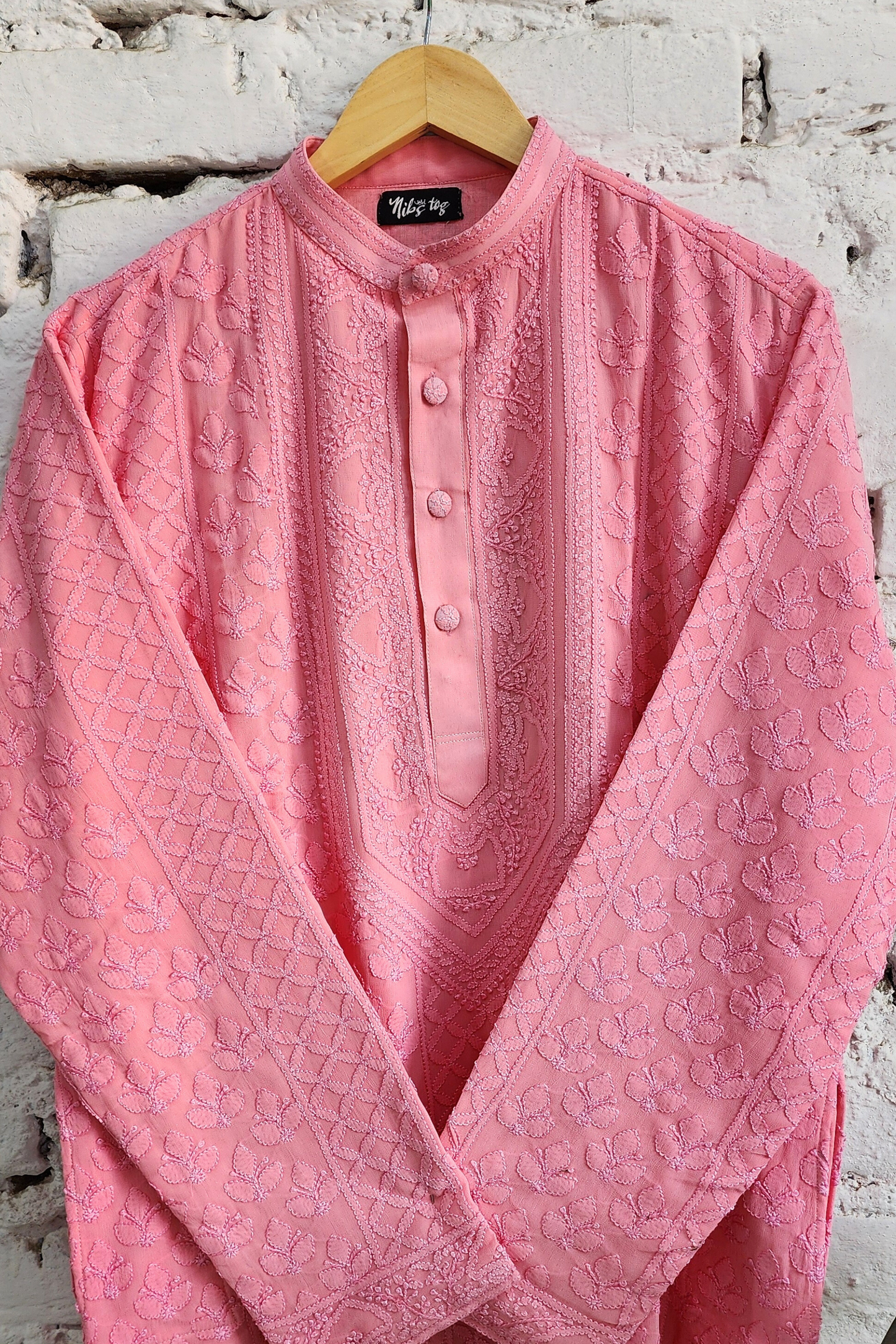 Pink Mens Chikankari Kurta with churidar Pure Viscose Georgette