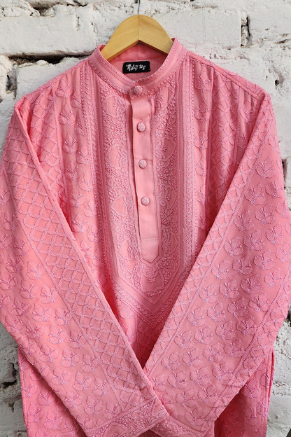 Pink Mens Chikankari Kurta with churidar Pure Viscose Georgette