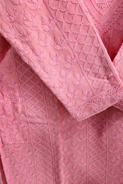 Pink Mens Chikankari Kurta with churidar Pure Viscose Georgette