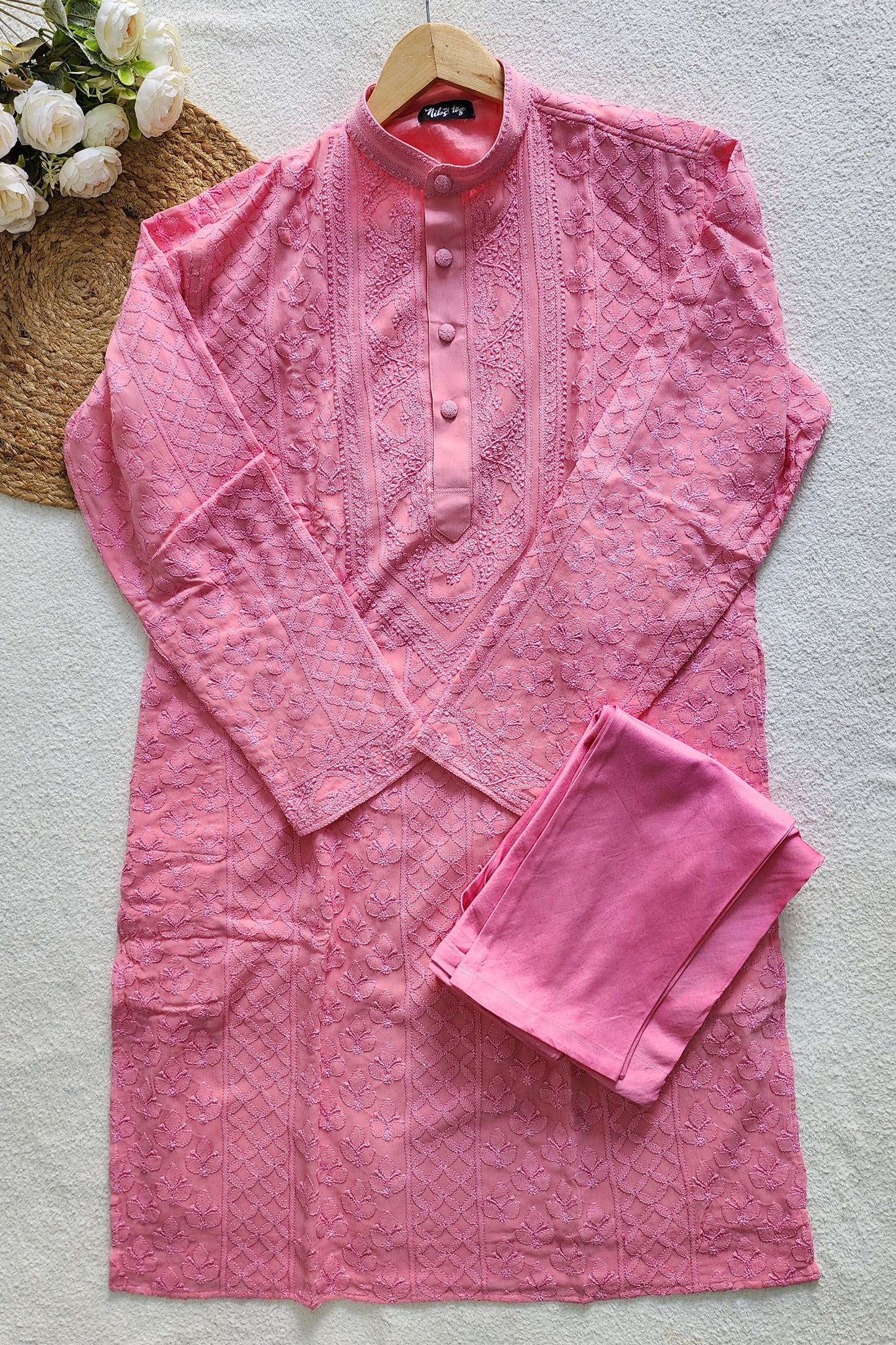 Pink Mens Chikankari Kurta with churidar Pure Viscose Georgette