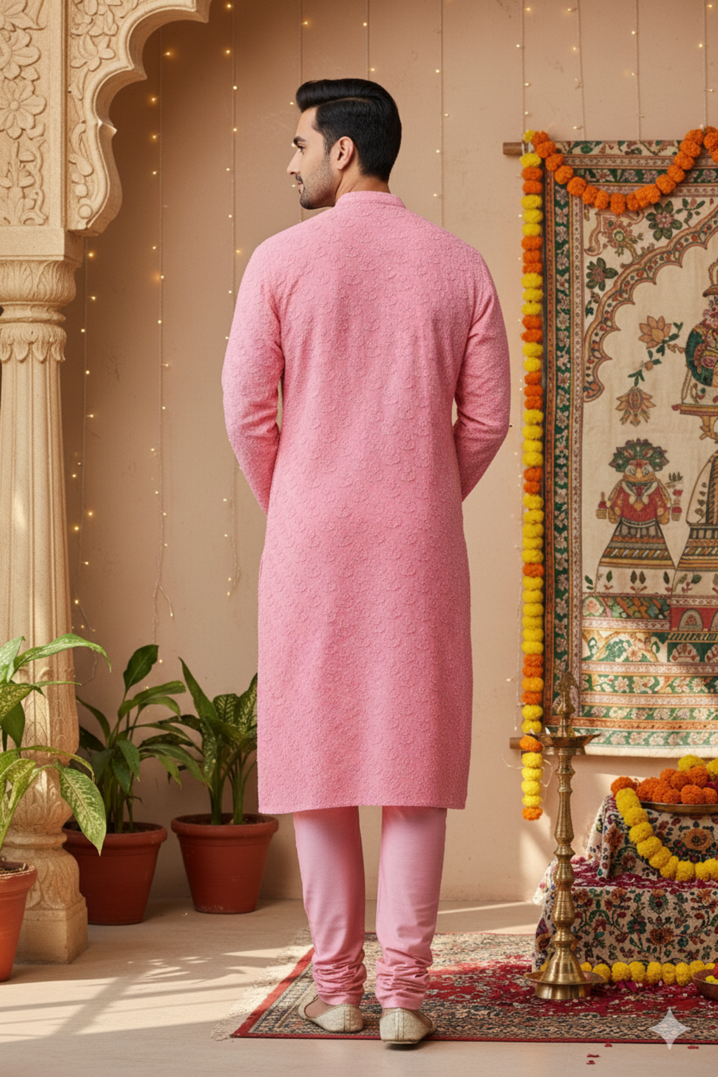 Pink Mens Chikankari Kurta with churidar Pure Viscose Georgette