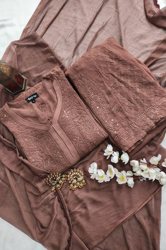 Mocha Mousse Straight Chikankari Kurta Set with Dupatta