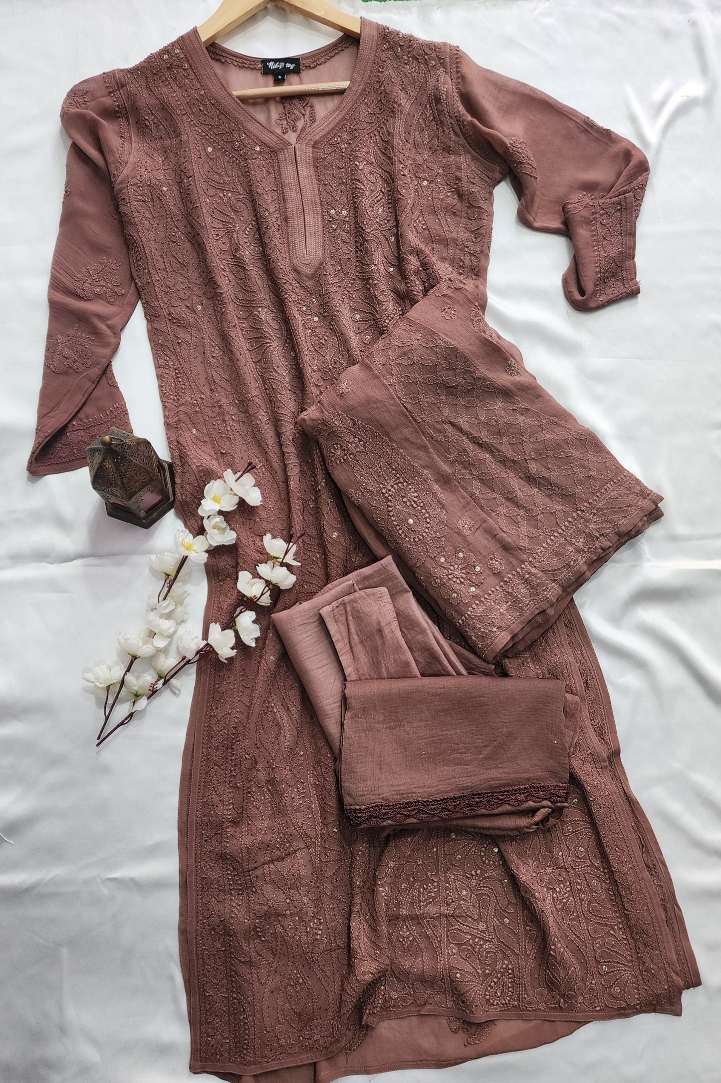 Mocha Mousse Straight Chikankari Kurta Set with Dupatta