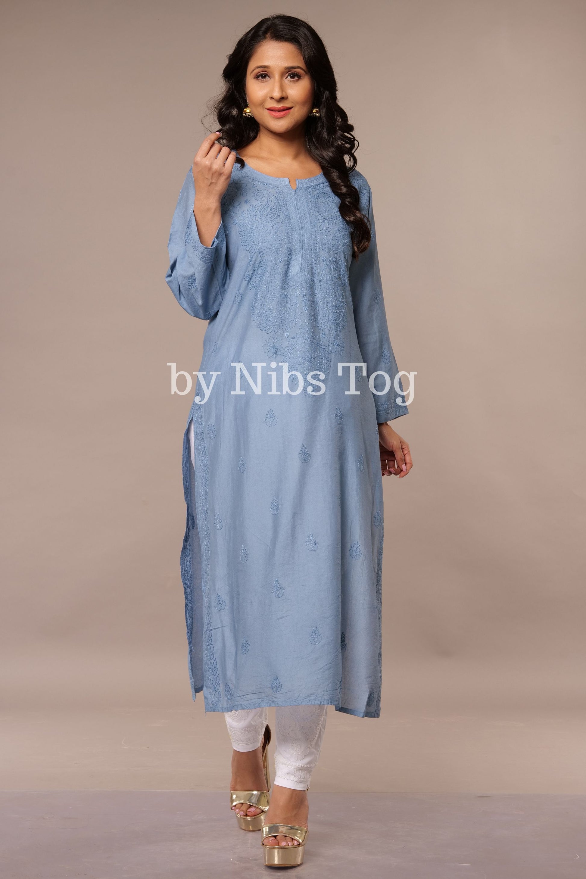 Buy Denim Blue Straight Modal Silk Chikankari Kurta online - by