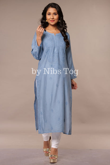 Denim Blue Straight Modal Silk Chikankari Kurta