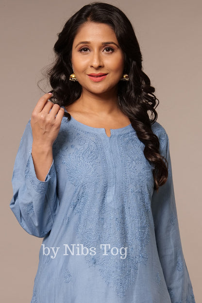Denim Blue Straight Modal Silk Chikankari Kurta