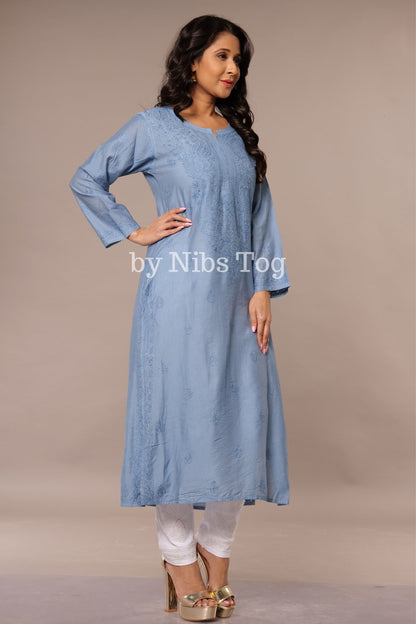 Denim Blue Straight Modal Silk Chikankari Kurta