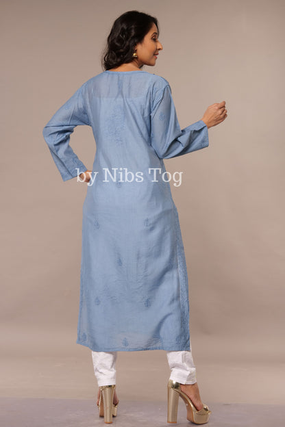 Denim Blue Straight Modal Silk Chikankari Kurta