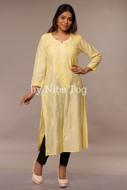 Modal Silk Straight Chikankari Kurta Lemon Yellow