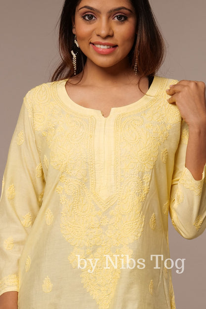 Modal Silk Straight Chikankari Kurta Lemon Yellow