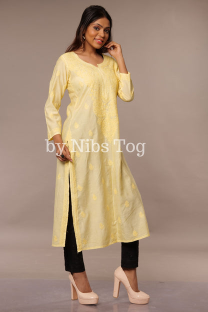 Modal Silk Straight Chikankari Kurta Lemon Yellow