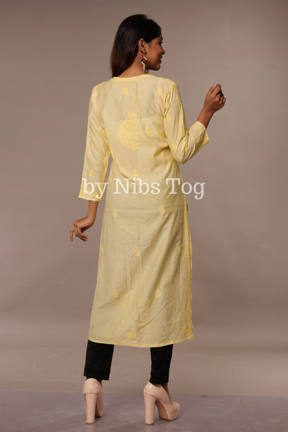 Modal Silk Straight Chikankari Kurta Lemon Yellow