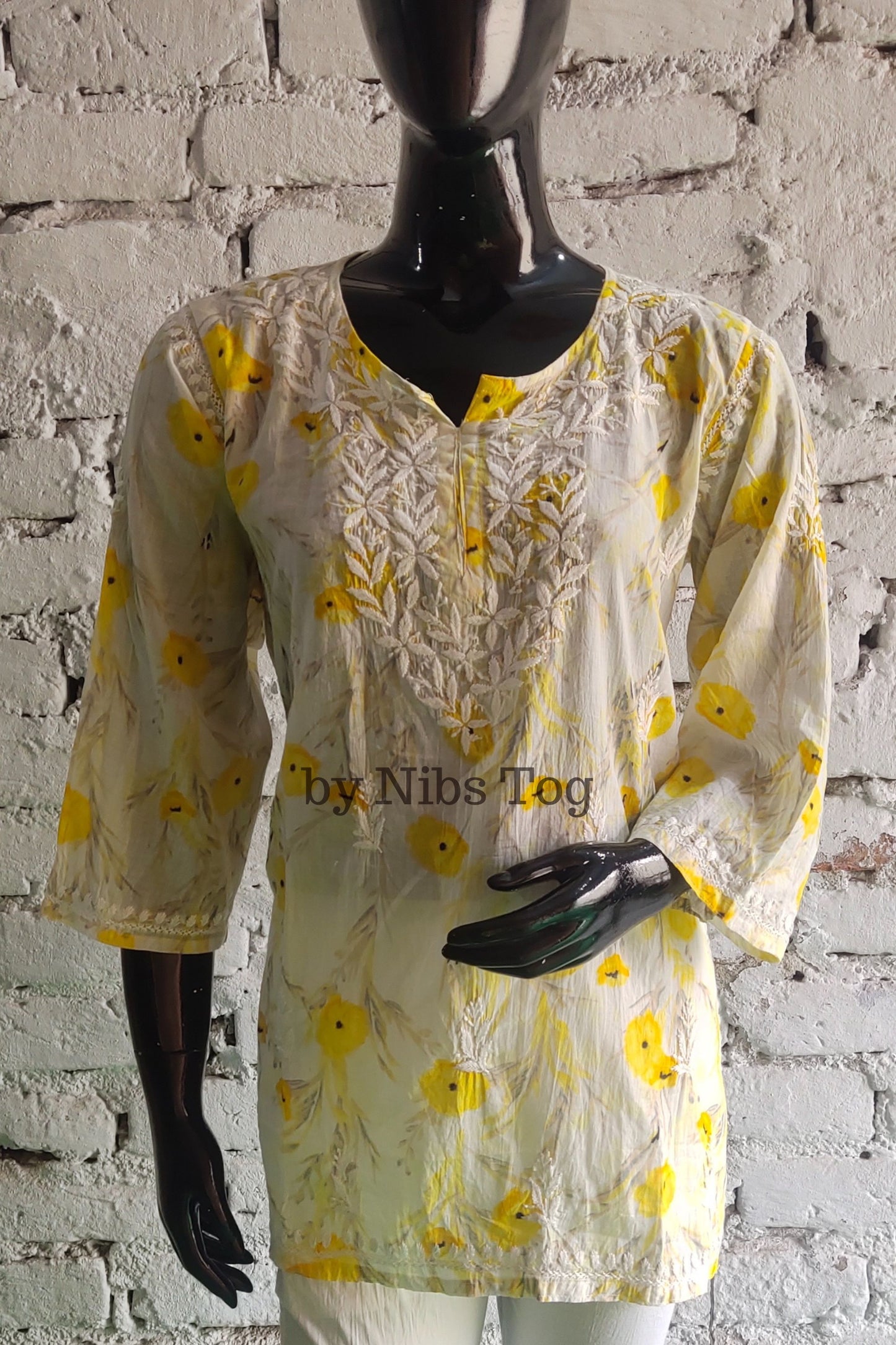 Floral Print Mulmul Cotton Short Chikankari Kurta Yellow