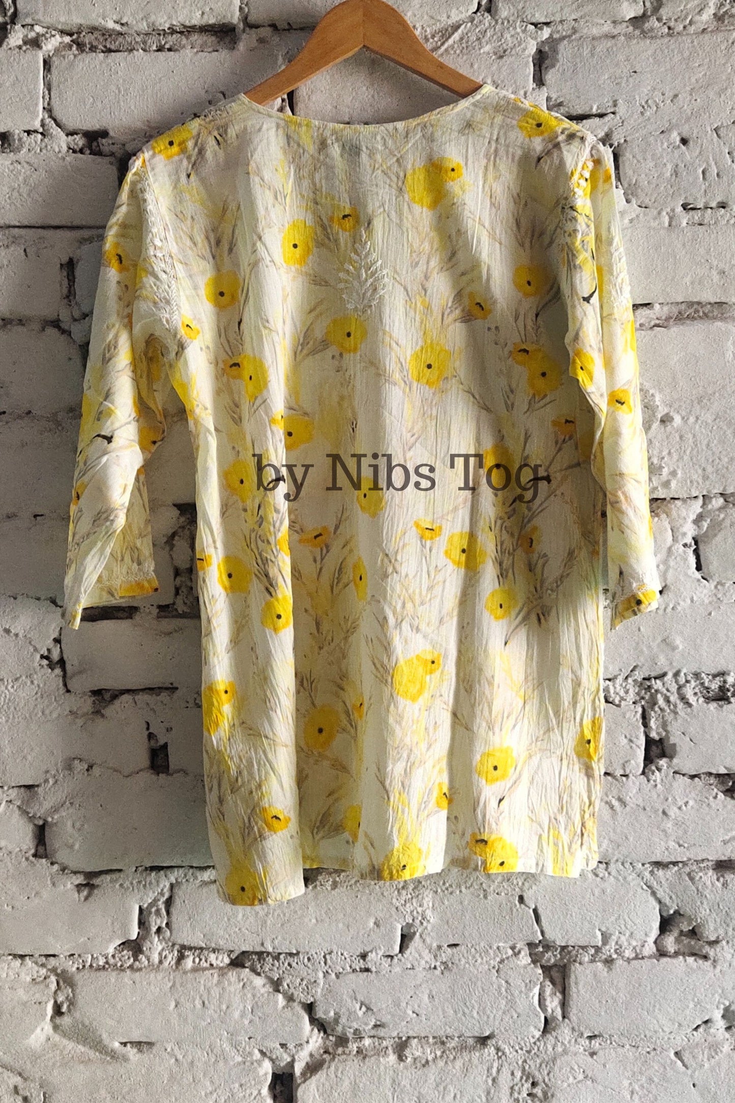 Floral Print Mulmul Cotton Short Chikankari Kurta Yellow
