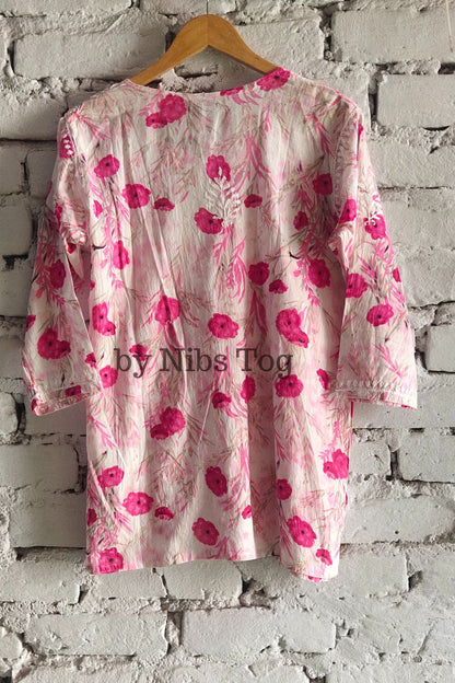 Floral Print Mulmul Cotton Short Chikankari Kurta Pink