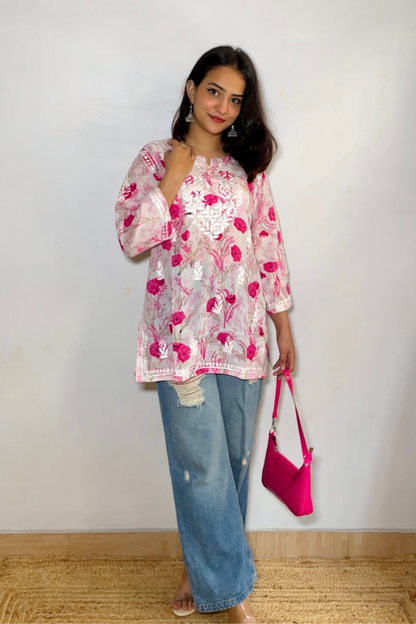 Isha Floral Print Mulmul Chikankari Short Kurta