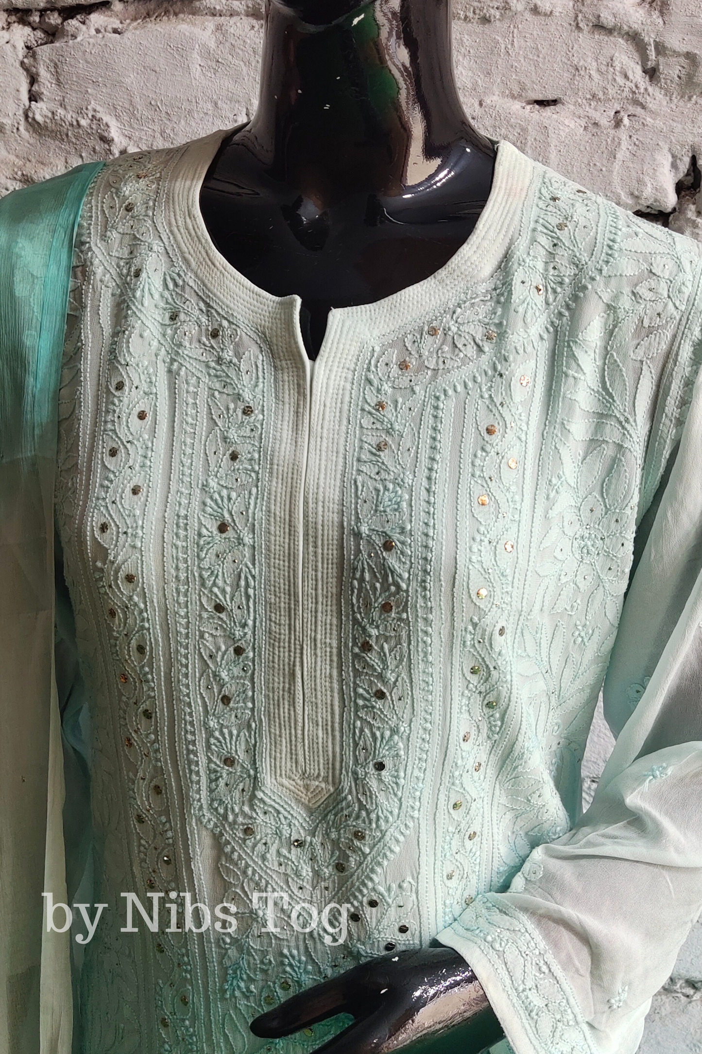 Ombre Sea Green Chikankari Kurta Set with Dupatta