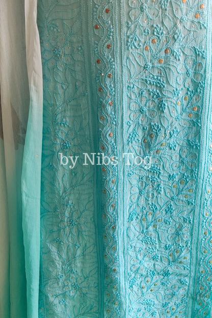 Ombre Sea Green Chikankari Kurta with Slip