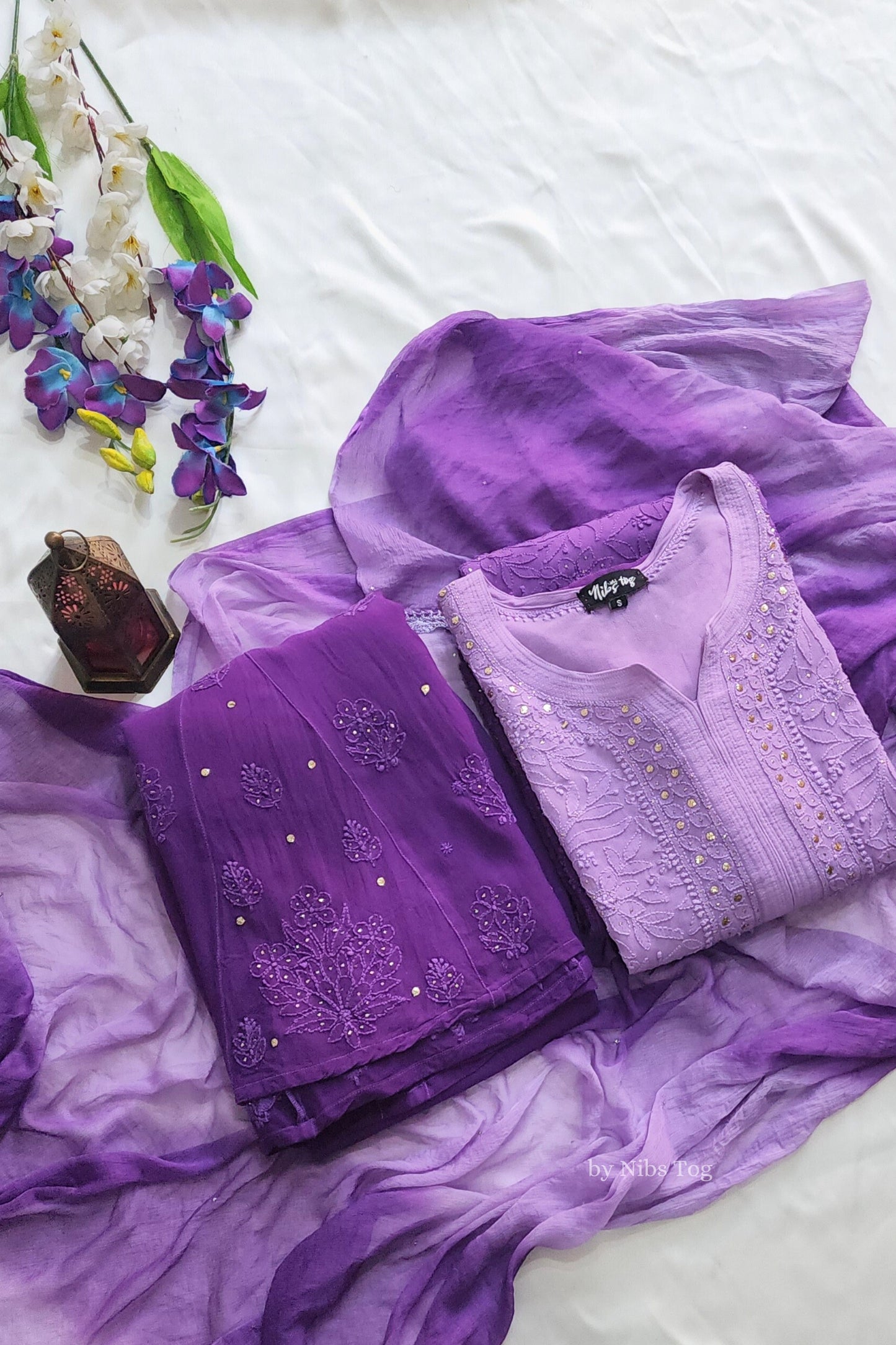 Ombre Purple Chikankari Kurta Palazzo Set with Dupatta