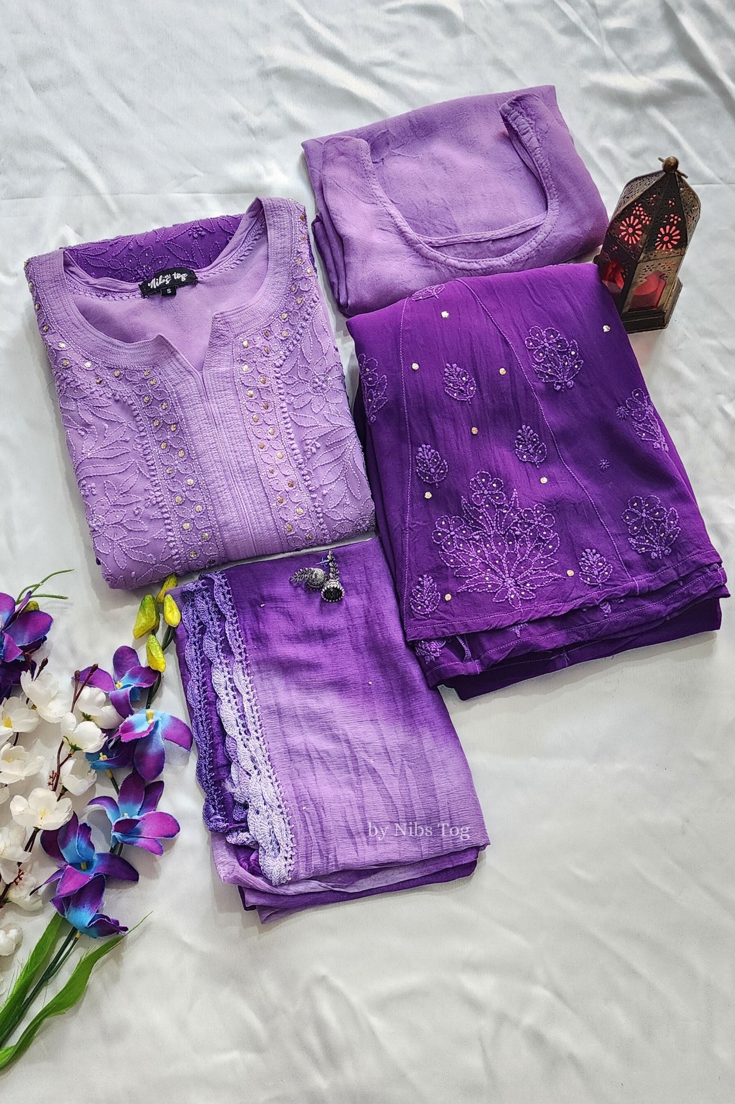 Ombre Purple Chikankari Kurta Palazzo Set with Dupatta