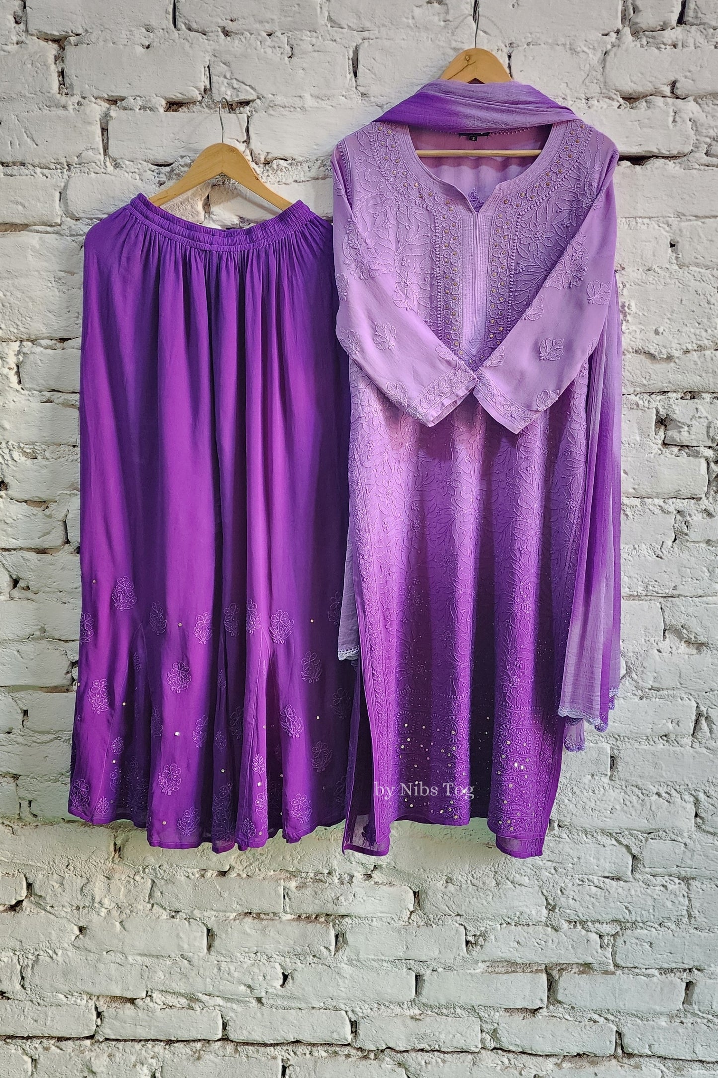 Ombre Purple Chikankari Kurta Palazzo Set with Dupatta